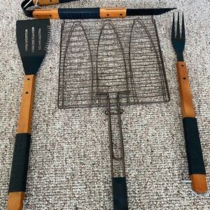 Grill Set with Wood Handles and Black Silicone Accents